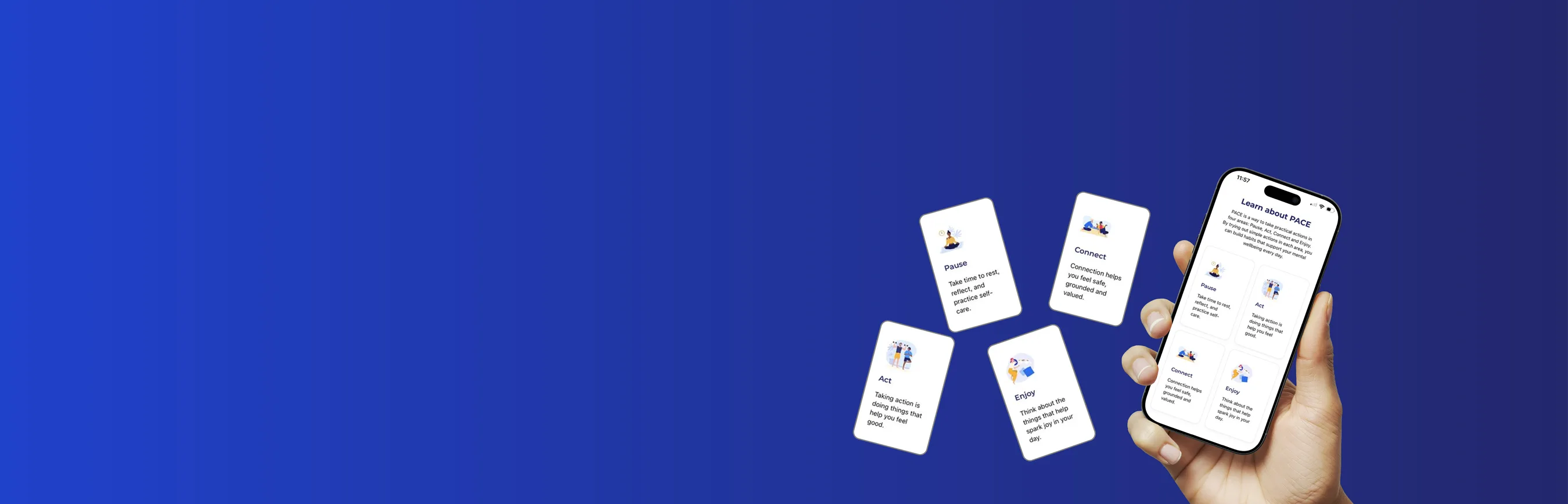 A person holding a mobile phone and creating a wellbeing plan on the Beyond Blue PACE app.